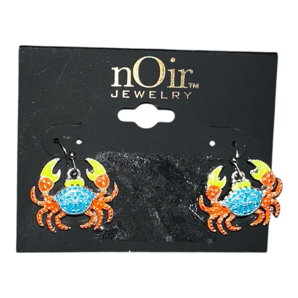 Noir Jewelry Enamel Crab Dangle Earrings Orange Turquoise Nautical New